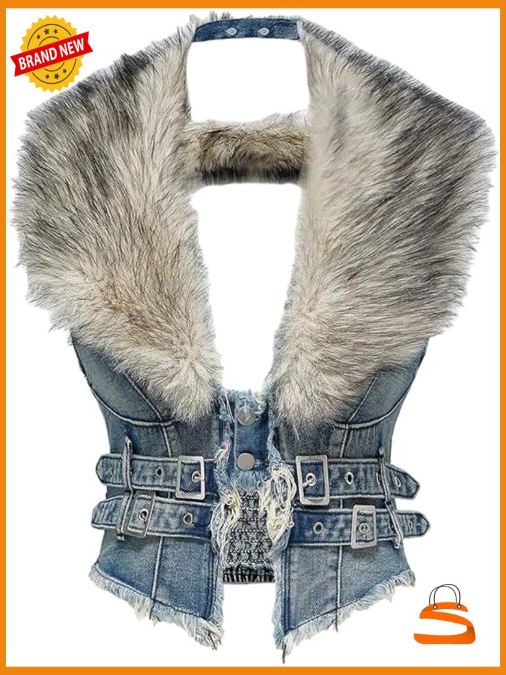 Y2K Denim Vest Crop Sleeveless Distressed Fur Trim Going Out Top
